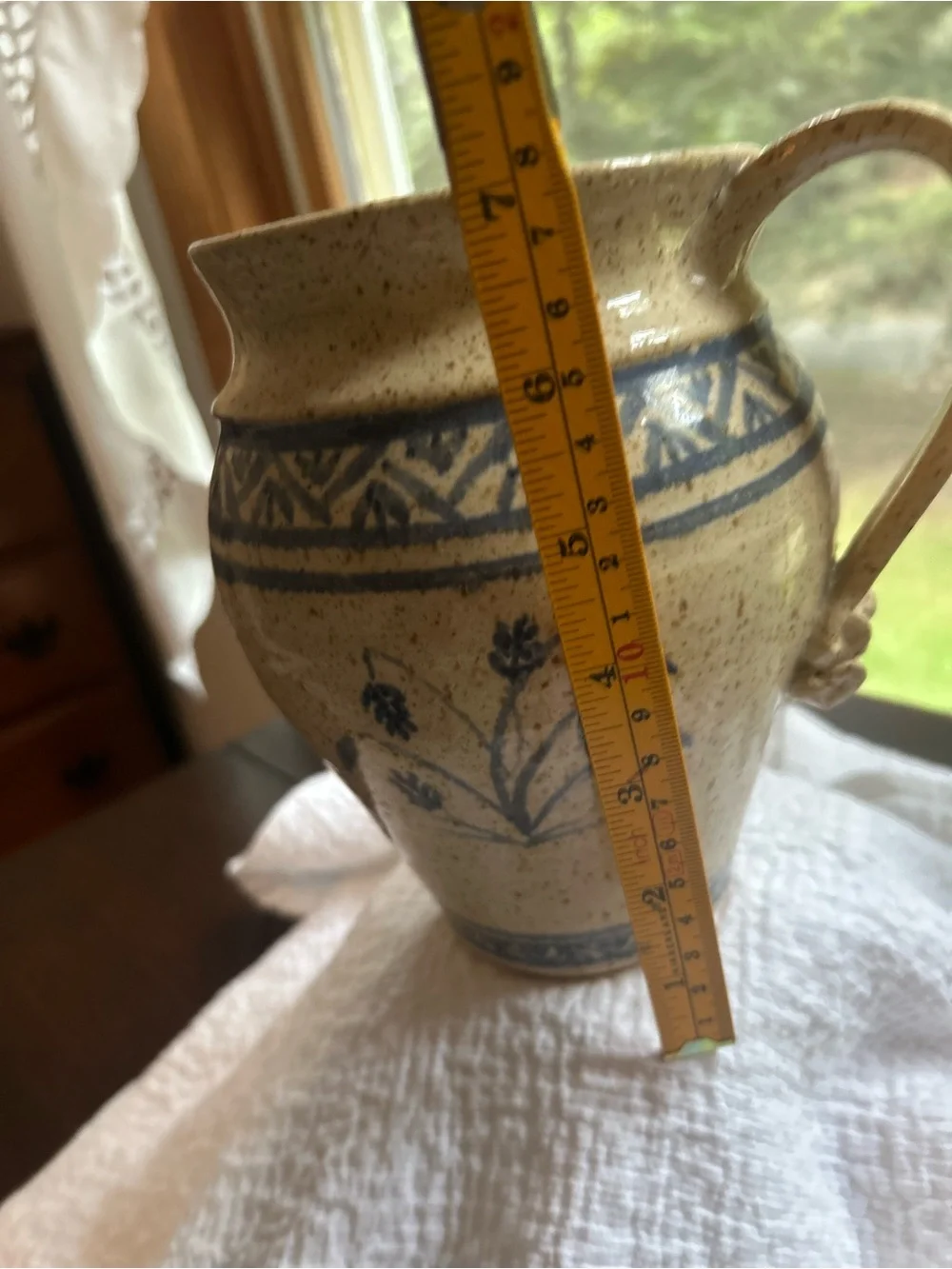 RB Vermont Hand-Painted Speckled Ceramic Pitcher/Vase in Blue and Cream